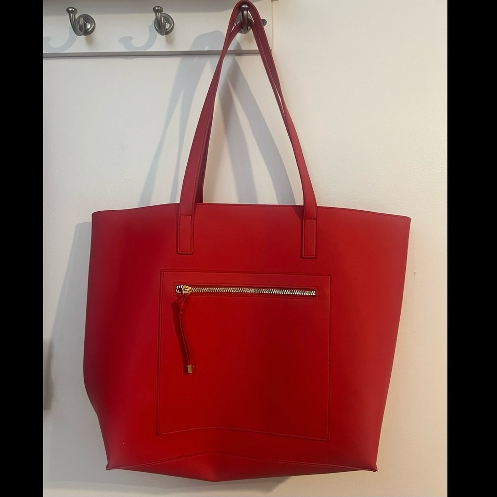Red Faux Leather Tote Bag with Zipper Closure and Interior Pocket